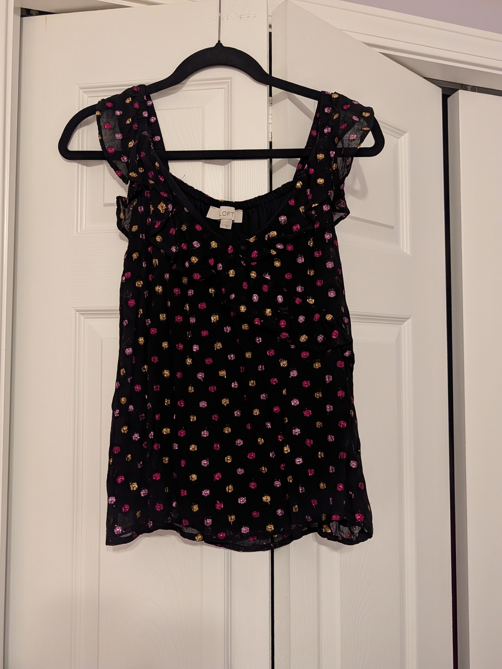 LOFT Black Sleeveless Ruffle Camisole with Pink & Gold Dot Print